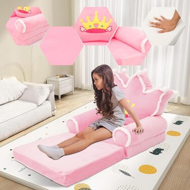 Дитяче крісло, зручний дитячий диван-ліжко, розкладний диванчик для малюків, легке дитяче крісло-шезлонг, портативний диванчик для дітей віком від 1 до 4 років (рожева хутряна корона з кульок)
