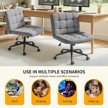 Офісне крісло Clevich без підлокітників, широке крісло з перехресним розташуванням сидіння, ергономічне крісло з регульованою висотою для домашнього офісу, кабінету, макіяжу, спальні (сіре)