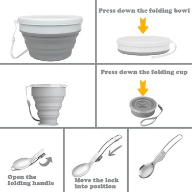 Складаний похідний набір посуду на 6 осіб з нержавіючої сталі (ніж, ложка, виделка), чашка, миска, тарілка та сітчастий мішок ідеально підходить для подорожей, кемпінгу, пікніків та активного відпочинку.