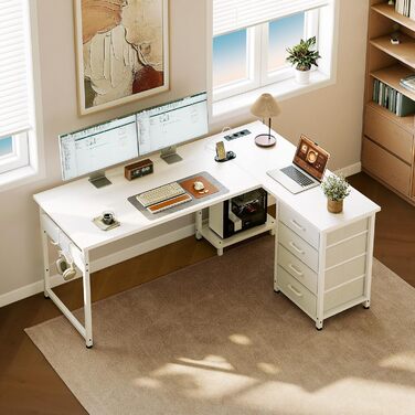 Кутовий письмовий стіл ODK з 4 шухлядами, 135100 см L-подібний стіл з розеткою та портом зарядки USB, двосторонній стіл з місцем для зберігання для домашнього офісу, білий колір 135 100 см