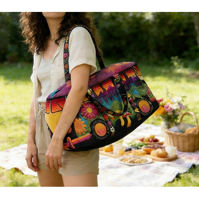Дорожня сумка TIAASTAP Hippie Van VW Bulli - барвиста богемна стьобана сумка для вихідних зі знаком миру та ромашками, стьобана дорожня сумка, сумка для кемпінгу для свят, карнавалу та вечірок 3