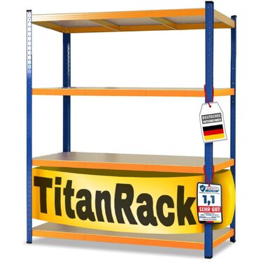 Потужний стелаж KARAT XXL, синьо-помаранчевий 200 x 180 x 60 см, стелажі для гаража, підвалу та майстерні - безболтові стелажі, широкопрохідні стелажі, підвальні стелажі, стелажі для майстерні (TitanRack Big)