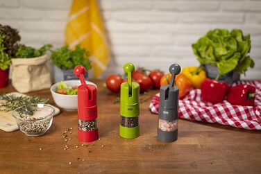 Подрібнювач з тріскачкою KUHN RIKON Salt Mill & Pepper Mill, ручний млин для спецій, зелений, регульований керамічний подрібнювач, пластик, 5,8 x 5,8 x 21,5 см
