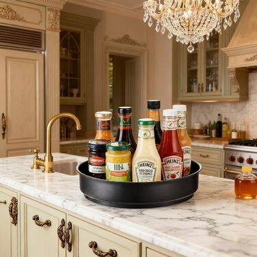 Обертова підставка для спецій для кухні, Кухонна підставка для спецій, Обертова підставка для спецій для зберігання спецій та банок у коморі, Органайзер для спецій з нержавіючої сталі (31 см) Чорний 31 см