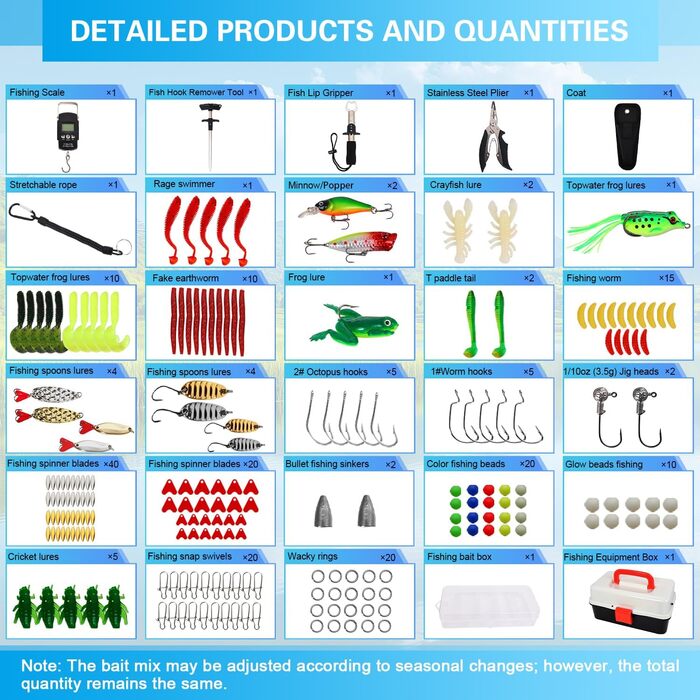 Набір рибальських снастей з 213 предметів, коробка з аксесуарами, рибальський набір, що включає свинцеві вантажі, гачки, рибальські приманки, повне рибальське спорядження для початківців та професіоналів для лову окуня, блакитної окуні, краппі та інших ви