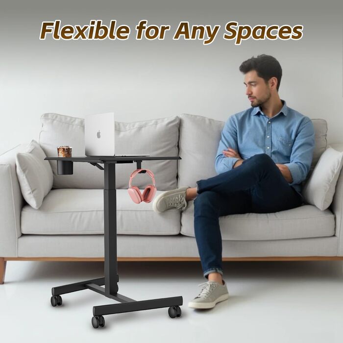 Мобільний стіл з регульованою висотою та колесами, Невеликий комп&39ютерний стіл з регульованою висотою, Стіл для роботи стоячи, 65 x 48 см, Чорний