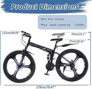 Дюймовий складний гірський велосипед, 21-швидкісна коробка передач Shimano, гірський велосипед з подвійною підвіскою, легка рама, гірський велосипед для чоловіків та жінок, складний спортивний велосипед для дорослих, чорно-синій, 27,5-