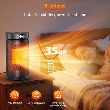 Ефективний, енергозберігаючий вентилятор-обігрівач, керамічний PTC потужністю 1500 Вт, тихий лише 34 дБ З термостатом, 12-годинним таймером та безпечним захистом від перегріву та перекидання - ідеально підходить для спалень з дистанційним керуванням, чорн