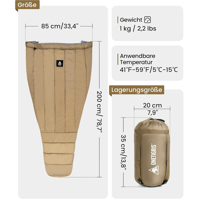 Спальний мішок OneTigris 200 x 85 см, ковдра на 3 сезони, спальний мішок UL 1.0 кг для кемпінгу, походів, активного відпочинку на свіжому повітрі, OD зелений