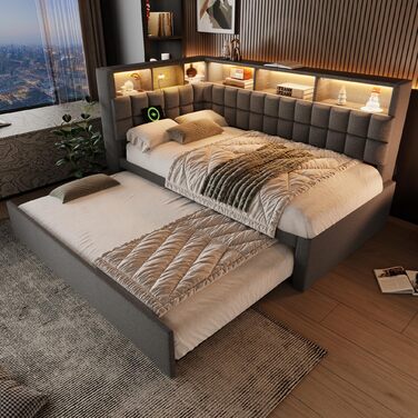 Кушетка 90x200 з висувним ліжком 90x190, диван-ліжко зі світлодіодним підсвічуванням, USB та Bluetooth, висувне ліжко-кушетка з рейковою основою, гостьове ліжко, без матраца, сірий, сірий F 90x200