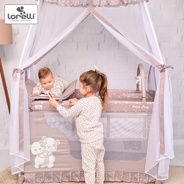 Дитяче ліжечко та манеж Lorelli 3-в-1, ліжко-балдахін Magic Sleep з 2 рівнями, ліжечко від народження, дитяче дорожнє ліжечко, пеленальний килимок, колеса, сумка, рожевий
