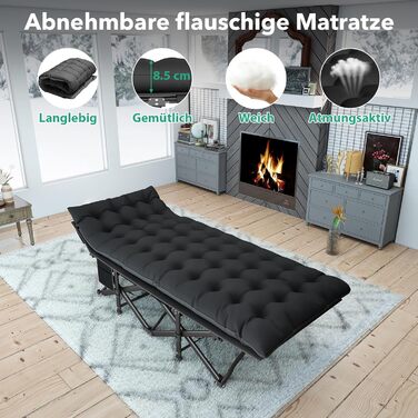 Розкладне похідне ліжко з матрацом, туристичне ліжко, легке, до 208 кг, гостьове ліжко, складне з сумкою для перенесення, сталеве туристичне ліжко для дорослих, для вулиці, приміщень, саду, подорожей, розкладне ліжко, чорне XL 190x735см