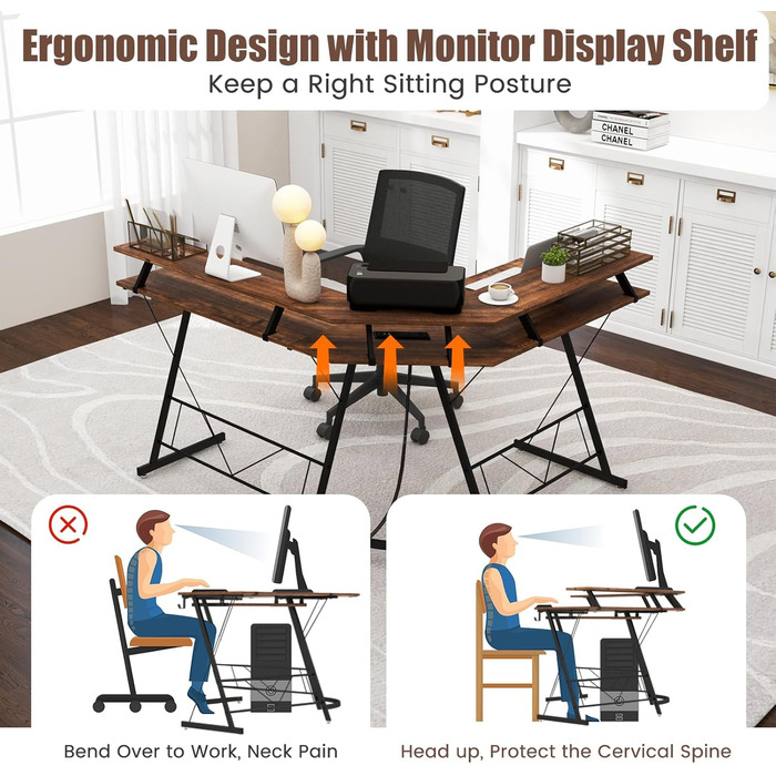 Кутовий стіл LIFEZEAL L-подібної форми, комп&39ютерний стіл з кріпленням для монітора, стіл із зарядною станцією, підставкою для клавіатури та гачком для навушників, кутовий стіл для дому, офісу, спальні (коричневий)