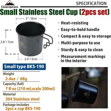 Набір з 2 предметів Campingmoon BKS-190-2P з нержавіючої сталі 304, малий, 210 мл, чорний