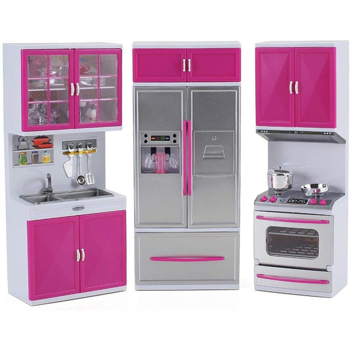 Іграшкові меблі для лялькової кухні, ляльковий будиночок для дітей, реалістичне світло та звуки з робочою варильною поверхнею, духовкою, раковиною, дверцятами холодильника та безліччю аксесуарів, іграшка 40 x 30 см