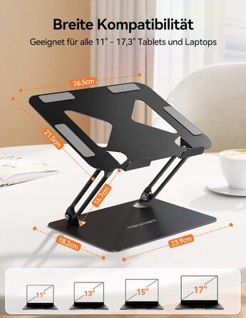 Стійка для ноутбука TECKNET, складана, ергономічна, металева підставка для ноутбука, сумісна з моделями 10-17,3 дюймів, чорна