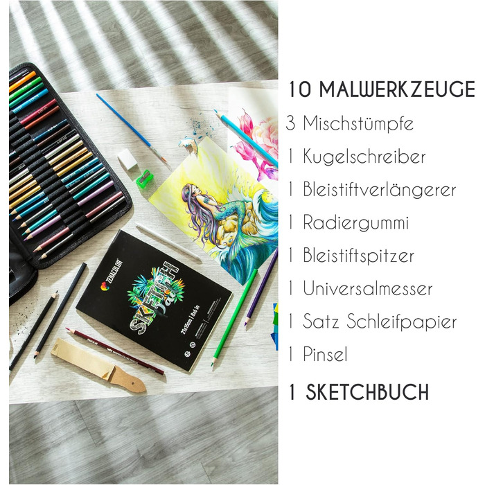 Професійний набір олівців для малювання Zenacolor із 74 предметів, пенал з 24 акварельними олівцями, 12 кольоровими олівцями, 12 металевими олівцями, 12 графітовими олівцями та аксесуарами - 1 альбом для малювання