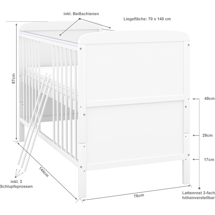 Дитяче ліжечко 70x140 см біле дитяче ліжко-трансформер Natalie з матрацом та прорізувачами для зубів