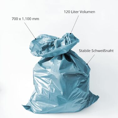 Сміттєві пакети, 250 шт. надзвичайно міцні сині сміттєві пакети, місткість 120 л, 700 x 1100 мм, тип 70 товщиною 42 мкм, особливо стійкі до розривів, ідеально підходять для саду, перевезення, розвантаження та домашнього використання, 10 упаковок по 250 шт