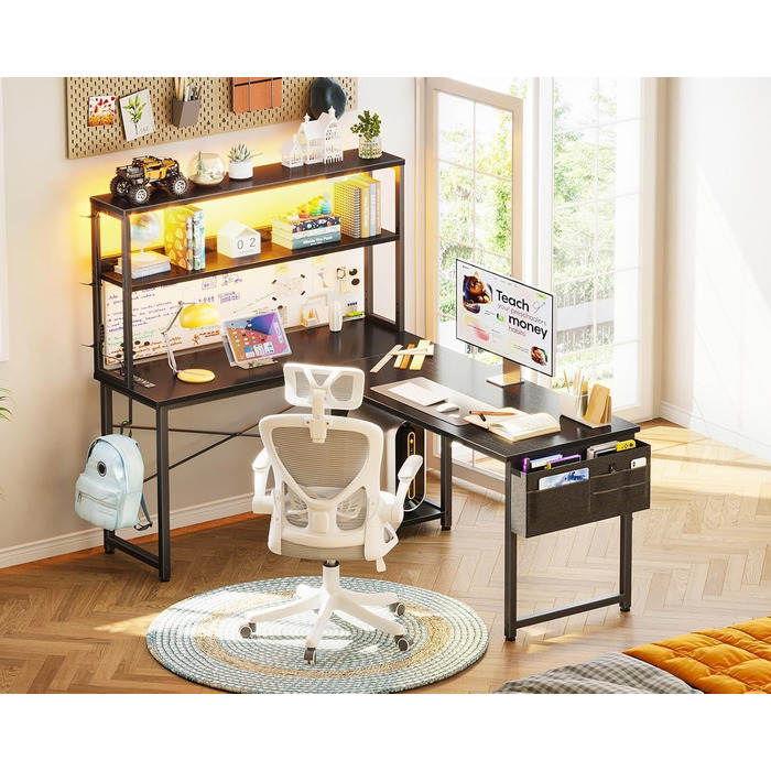 Г-подібний кутовий стіл Garvee, чорний зі світлодіодним освітленням та відсіком, ігровий стіл з підставкою для монітора та бічною кишенею, сучасний комп&39ютерний стіл для домашнього офісу, міцний стіл з полицею, 124x92 см