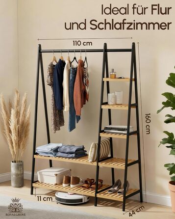 Вішалка для одягу, штанга для одягу, підставка для гардеробу, 44 x 110 x 160 см, шафа, полиця для взуття, відкрита шафа, 7 полиць, спальня, передпокій, бамбук, чорний