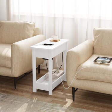 Приставний столик EUGAD, тумбочка з розеткою, столик для дивана, журнальний столик, маленький столик, консольний столик, розкладна стільниця, 3 полиці, для вітальні, спальні, кухні, білий, 0001CHJ