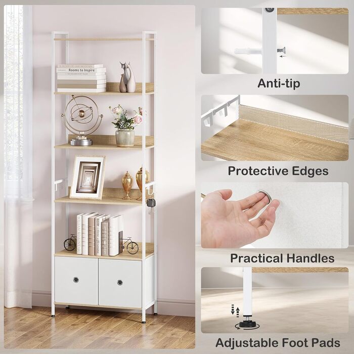 Окремостояча полиця WOLTU, книжкова полиця з 5 полицями та 2 шухлядами, настільна полиця для вітальні, кухні, кабінету, спальні, з металевим каркасом, 63x187x30 см, світлий дуб білий, RGB62whe 63x30x187 см Світлий дуб білий