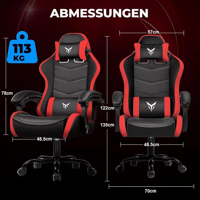 Ігрове крісло GTPLAYER, ергономічне офісне крісло з регульованим підголівником та поперековою опорою, ігрове крісло, червоне