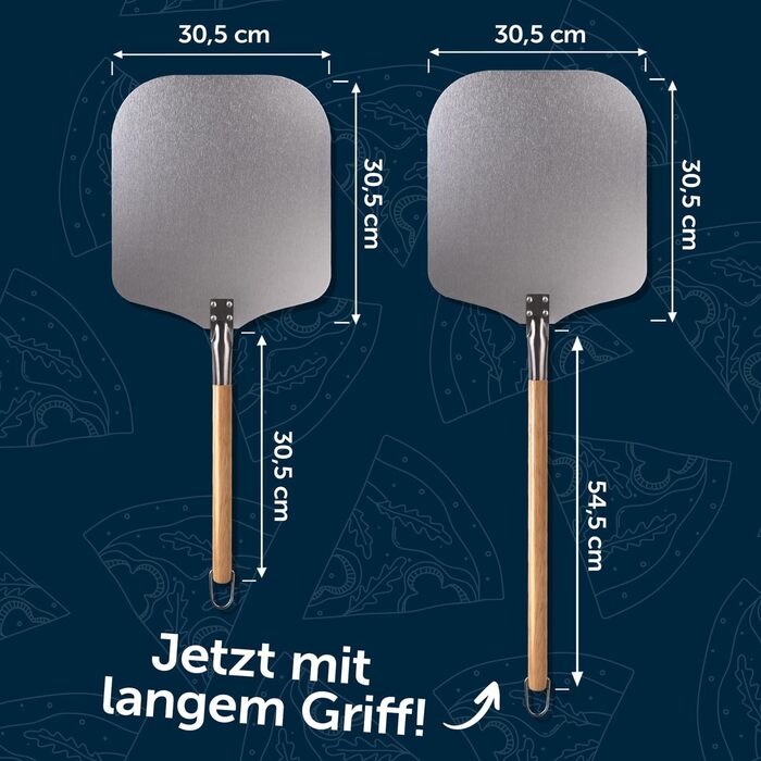 З великою площею та знімною ручкою - 30,5см х 30,5см Шкірка піци алюміній - знімна дерев'яна ручка 85см