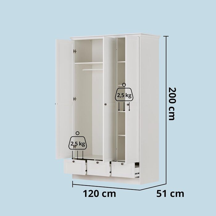 Шафа-купе KHG з орними дверима, біла, 3 двері, 3 шухляди, 1 вішалка для одягу, 5 полиць з регульованою висотою, цоколь, шафа в сільському стилі, 3-дверна