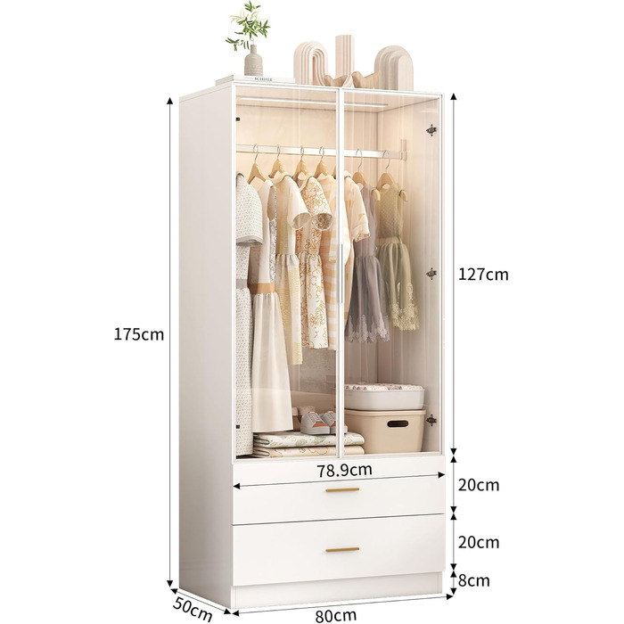 Шафа зі світлодіодним освітленням, Універсальна шафа з орними дверима та 2 дверима із загартованого скла, Скляна шафа з вішалкою для одягу, Гардеробна шафа з 2 шухлядами, Багатофункціональна шафа (Біла-1)