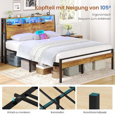 Ліжко 140x200 з металевою рейковою основою, двоспальне ліжко зі світлодіодним підсвічуванням та розеткою, каркас ліжка 140x200 см з дерев&39яним узголів&39ям, 2 шафи з дверима, дитяче ліжко з місцем для зберігання речей, коричневий колір, 140x200 см