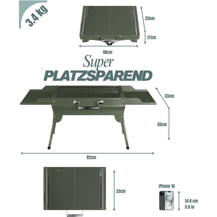 Портативний кемпінговий гриль, складний вугільний гриль, настільний вугільний гриль для подорожей 45x31 см, настільний кемпінговий гриль для приготування їжі на свіжому повітрі, кемпінгу та пікніків (армійський зелений)