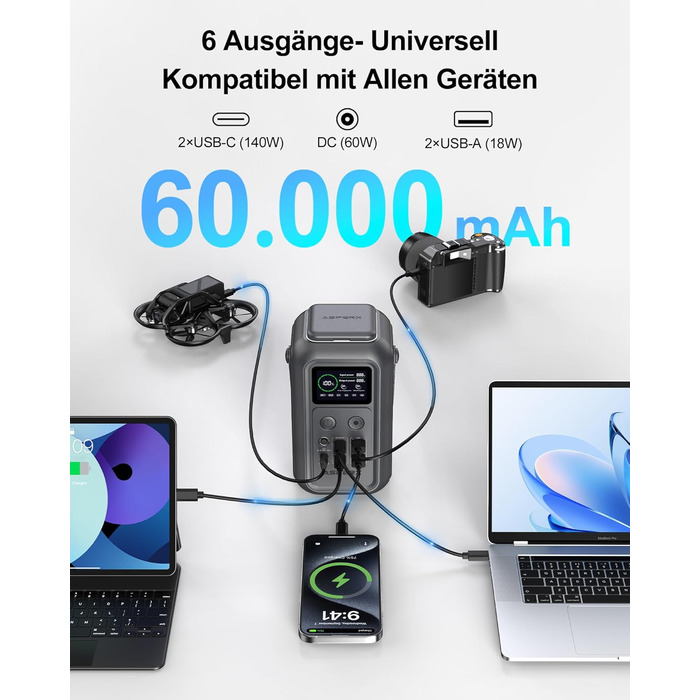 Портативна електростанція 60 000 мАг AsperX, мобільна електростанція потужністю 140 Вт для кількох пристроїв, сонячний генератор для кемпінгу з аварійною лампою, акумулятор LiFePO4 ємністю 192 Втгод, накопичувач енергії для подорожей, портативний зовнішні