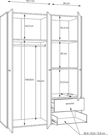Шафа 140 150, біла шафа, шафа з орними дверима, 3 двері, з 2 шухлядами та полицями, біла, 145 см завширшки x 53 см завглибшки x 200 см заввишки. Біла 145 x 200 x 53 см, 3 двері