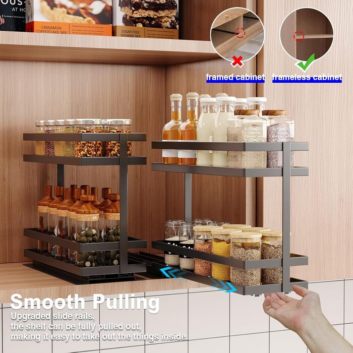 Висувна підставка для спецій, 2-рівневий металевий органайзер для спецій, стояча підставка для спецій, зберігання спецій для кухонних шаф, підставка для спецій, не потребує свердління, підставка для спецій (, чорна) Чорний 1