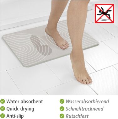 Килимок для ванної WENKO Модель Наска, виготовлений з натурального діатоміту, нековзний, водопоглинаючий та швидковисихаючий, 60 x 1 x 39 см, сіро-бежевий Наска