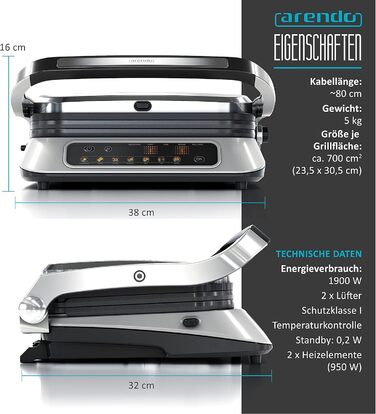 Контактний гриль Електричний гриль - Електричний настільний гриль - Бутербродниця - Мультигриль з цифровим управлінням 1900 Вт - 7 програм - Легко чиститься завдяки знімним пластинам - Нержавіюча сталь 1900 Вт B Срібло