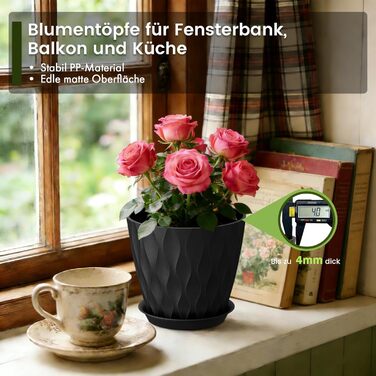 Квітковий горщик 17,6 см, набір із 5 товстих пластикових горщиків для рослин з блюдцями та дренажними отворами, кашпо з 3D хвилеподібною текстурою для рослин-зміїків, рослин-павуків та кімнатних/вуличних рослин, чорний, Ø 17,6 см, 5 шт. у упаковці