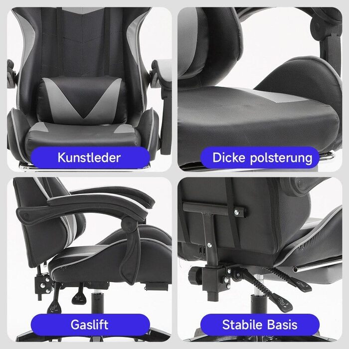 Ергономічне ігрове крісло, офісне крісло, регульоване по висоті, комп&39ютерне крісло зі штучної шкіри, з підголівником та поперековою опорою, поворот на 360 (сіре)