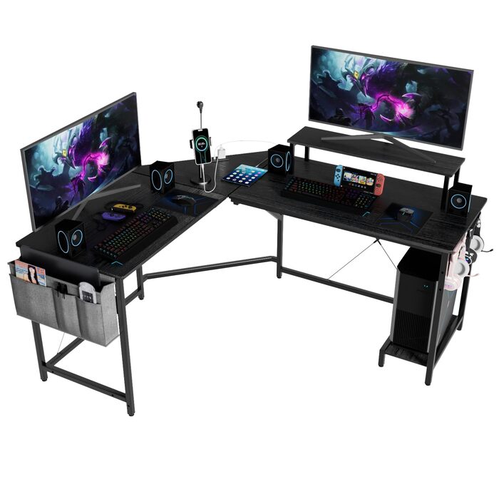 Геймерський стіл Supfine L-подібної форми з кронштейном для монітора, текстура з вуглецевого волокна, кутовий стіл з розетками та USB-портами, відділенням для зберігання речей (чорний)