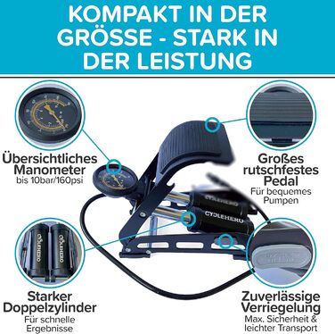 Ножний насос CYCLEHERO з подвійним циліндром та манометром - відзнака ДУЖЕ ДОБРЕ - для всіх клапанів, велосипедний, автомобільний