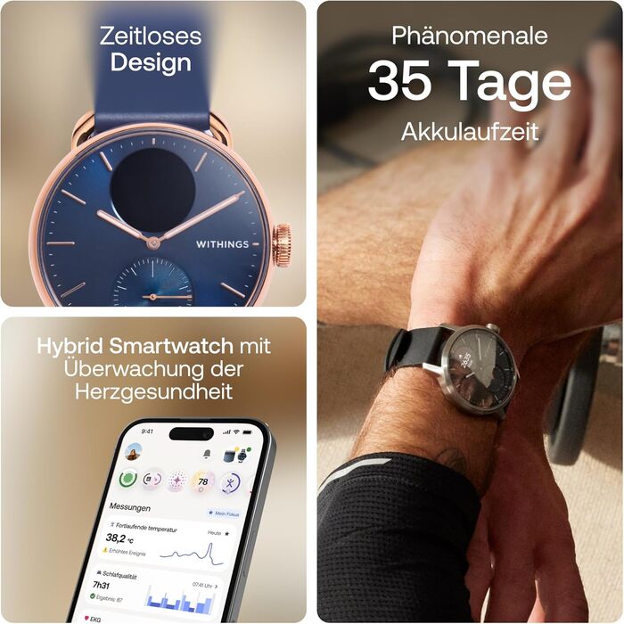 Розумний годинник для чоловіків та жінок, ЕКГ, SpO2, температура, відстеження сну, здоров&39я дихальних шляхів, водонепроникний, 35 днів автономної роботи, Android та iOS, рожево-золотистий синій ScanWatch 2 38 мм, 2