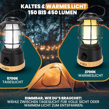 Акумуляторний світлодіодний кемпінговий ліхтар ARCTA Ретро-кемпінговий ліхтар з батареєю Водонепроникний IPX4 Регульований зовнішній ліхтар 20-450 лм Кемпінговий ліхтар для намету, саду, кемпінговий ліхтар та світлодіодний ліхтар USB-портативний зарядний 