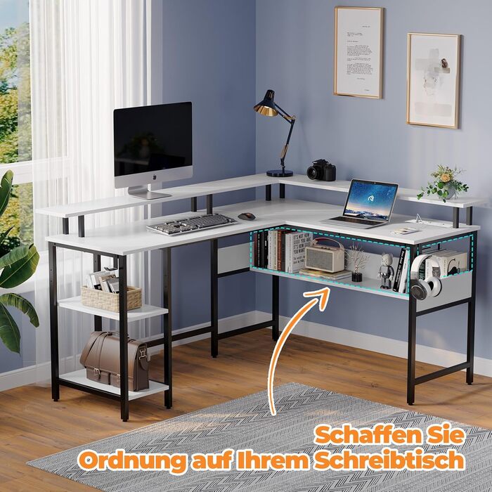 Г-подібний ігровий стіл Rolanstar зі світлодіодним освітленням та розетками, ігровий стіл з підставкою для монітора та місцем для зберігання, кутовий стіл з 2 гачками, великий двосторонній комп&39ютерний стіл для офісу (білий, 137 x 108 см) Білий 137 x 10