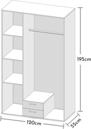 Елегантна 3-дверна шафа з великим простором для зберігання - Універсальна шафа з орними дверима, оздобленням дуба Сонома та дзеркальними дверима - 120 x 195 x 55 см (Ш/В/Г) з оздобленням дуба Сонома, одинарна