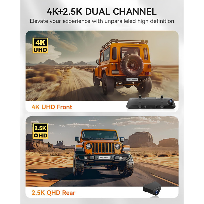 Для дзеркала заднього виду відеореєстратор для переднього та дзеркала заднього виду для автомобіля з екраном 12 дюймів, камерою WDR, нічним баченням, GPS та безкоштовною картою на 64 ГБ (G900), 4K 2.5K