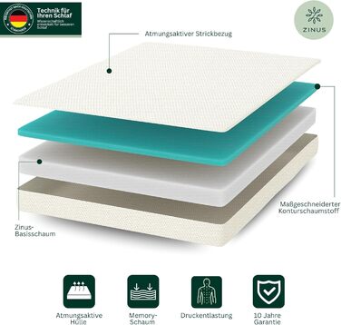 Матрац Zinus 140x200 см H2/H3 - Висота 11 см - Ергономічний матрац з холодної піни 140x200 см - Згортається матрац середньої жорсткості - Сертифіковано Oeko-TEX - Виготовлено за німецькими стандартами 140 x 200 см Висота 11 см Холодний гель