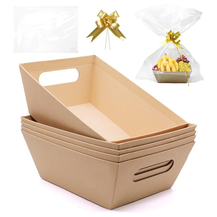 Набір із 5 порожніх картонних подарункових кошиків із целофановими пакетами та зав&39язками, екологічно чистий картонний подарунковий кошик для подарунків, свят, днів народження (крафт-папір) 5 прямокутний подарунковий кошик з крафт-картону