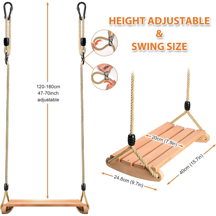 Дерев'яні гойдалки сидіння, гойдалки дерев'яні для дорослих і дітей гойдалки садові з регульованою мотузкою криті і відкриті гойда